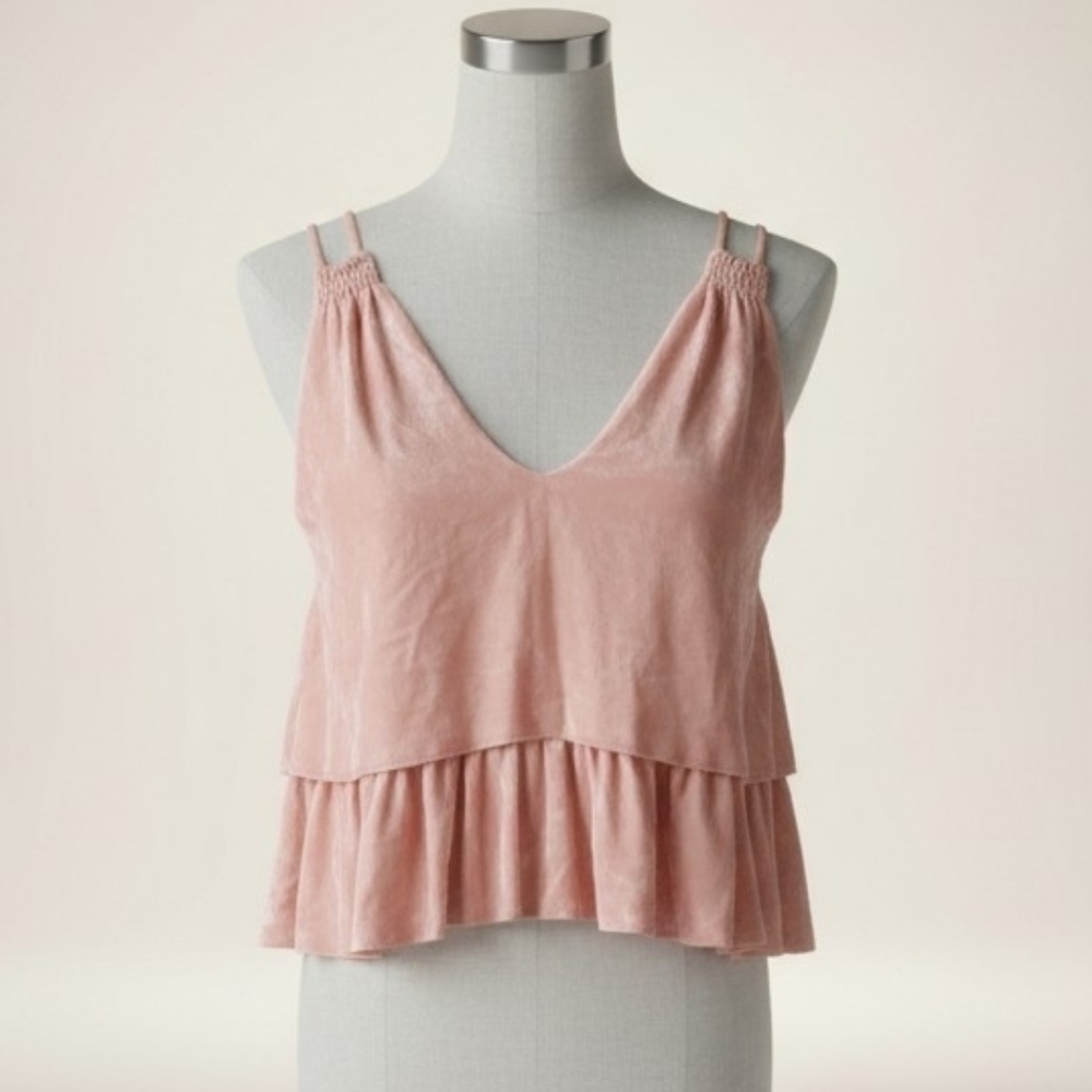APIECE APART New York | Silk Blend Velvet Ruffle Blush Pink Tier Tank 2 - Picture 3 of 10